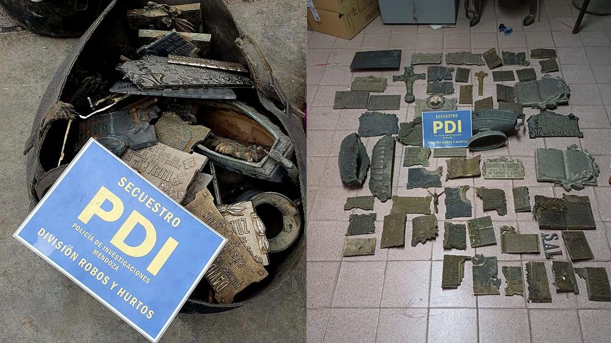 La Policía recuperó 83 kilos de bronce de placas robdas en lápidas de cementerios de Mendoza.