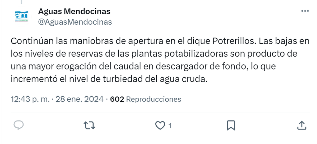 Uno de los comunicados que este domingo transmitió Aguas Mendocinas en su cuenta de la red social X. Uno de los comunicados que este domingo transmitió Aguas Mendocinas en su cuenta de la red social X.