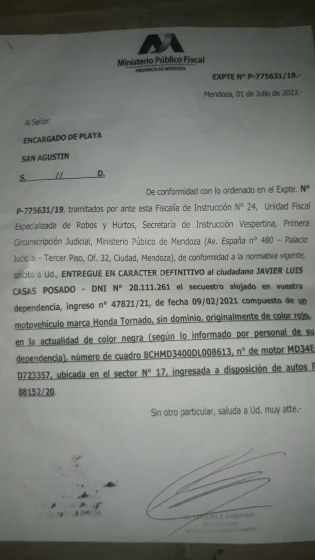 La gestión que hizo Javier Casas para recuperar la moto.
