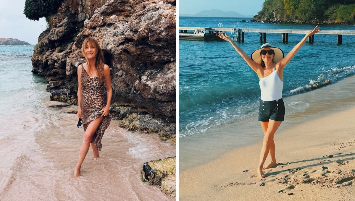 La actriz Jane Seymour en la playa. 