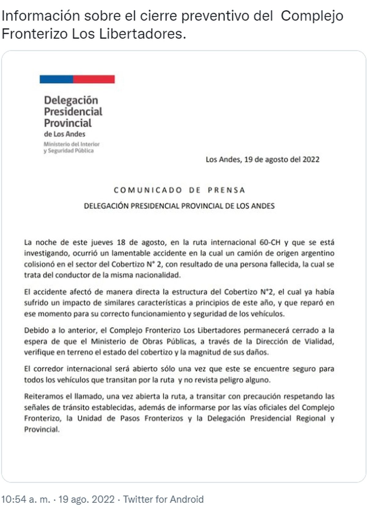 Información oficial sobre las causas del cierre del paso a Chile.