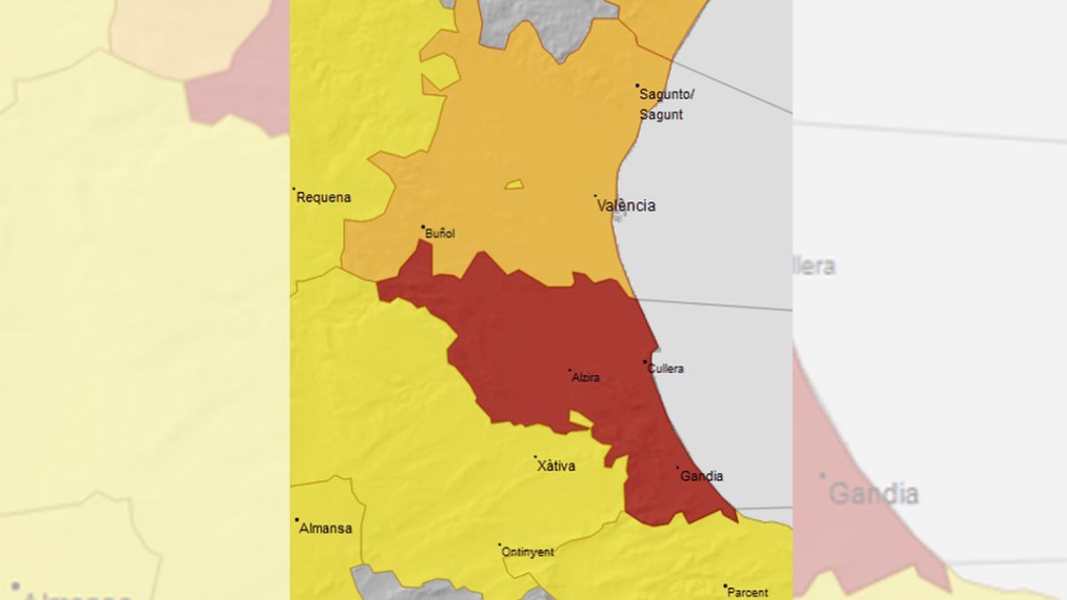 La alerta roja se mantiene en la zona litoral sur de Valencia. La alerta roja se mantiene en la zona litoral sur de Valencia.