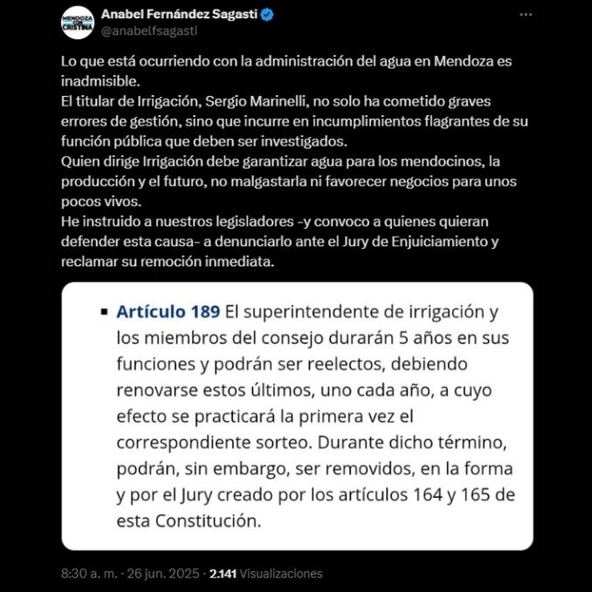 Anabel Fernández Sagasti anunció por redes la denuncia del kirchnerismo contra Sergio Marinelli ante el Jury de Enjuiciamiento.