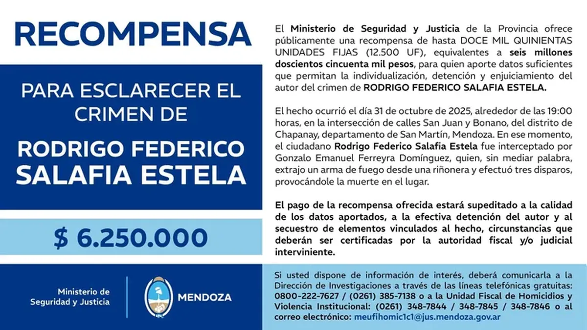 Recompensa por el crimen de Rodrigo Federico Salafia Estela. Recompensa por el crimen de Rodrigo Federico Salafia Estela.