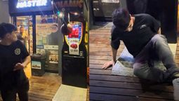 quiso pegarle a la maquina y termino lesionado en el piso