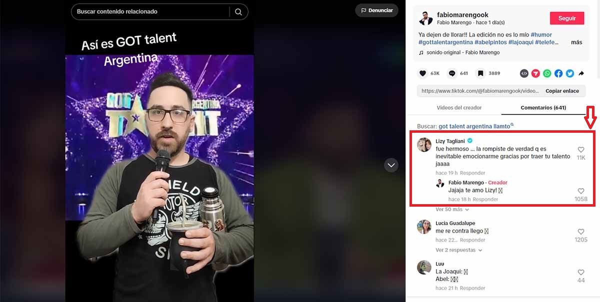 La respuesta de Lizy Tagliani en los comentarios del video de TikTok. La respuesta de Lizy Tagliani en los comentarios del video de TikTok. 