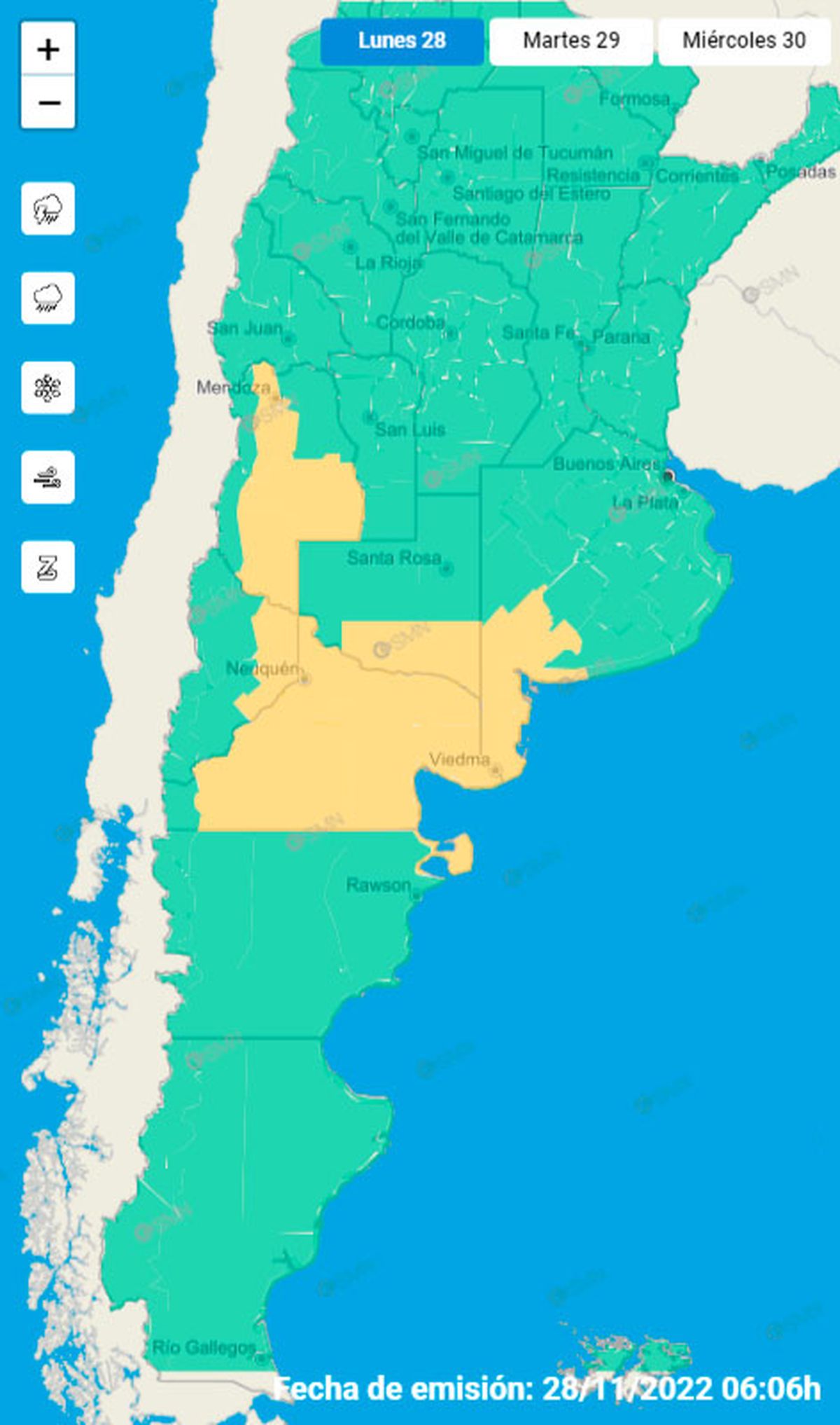 Alerta amarilla para algunas zonas de Mendoza según el Servicio Meteorológico Nacional (SMN).