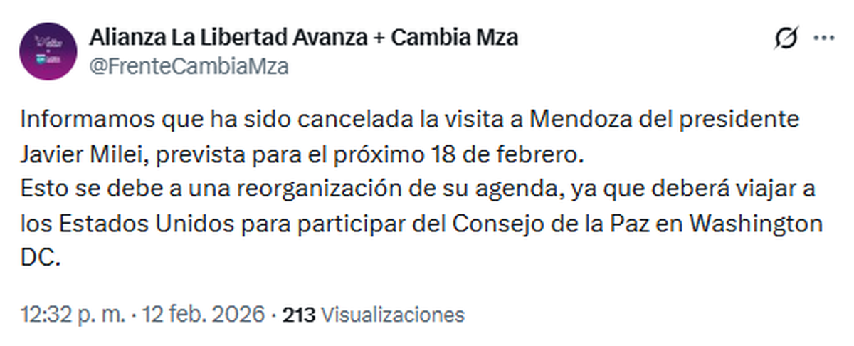 El tuit con el que el oficialismo mendocino confirmó la caída del viaje de Javier Milei a Mendoza. El tuit con el que el oficialismo mendocino confirmó la caída del viaje de Javier Milei a Mendoza.