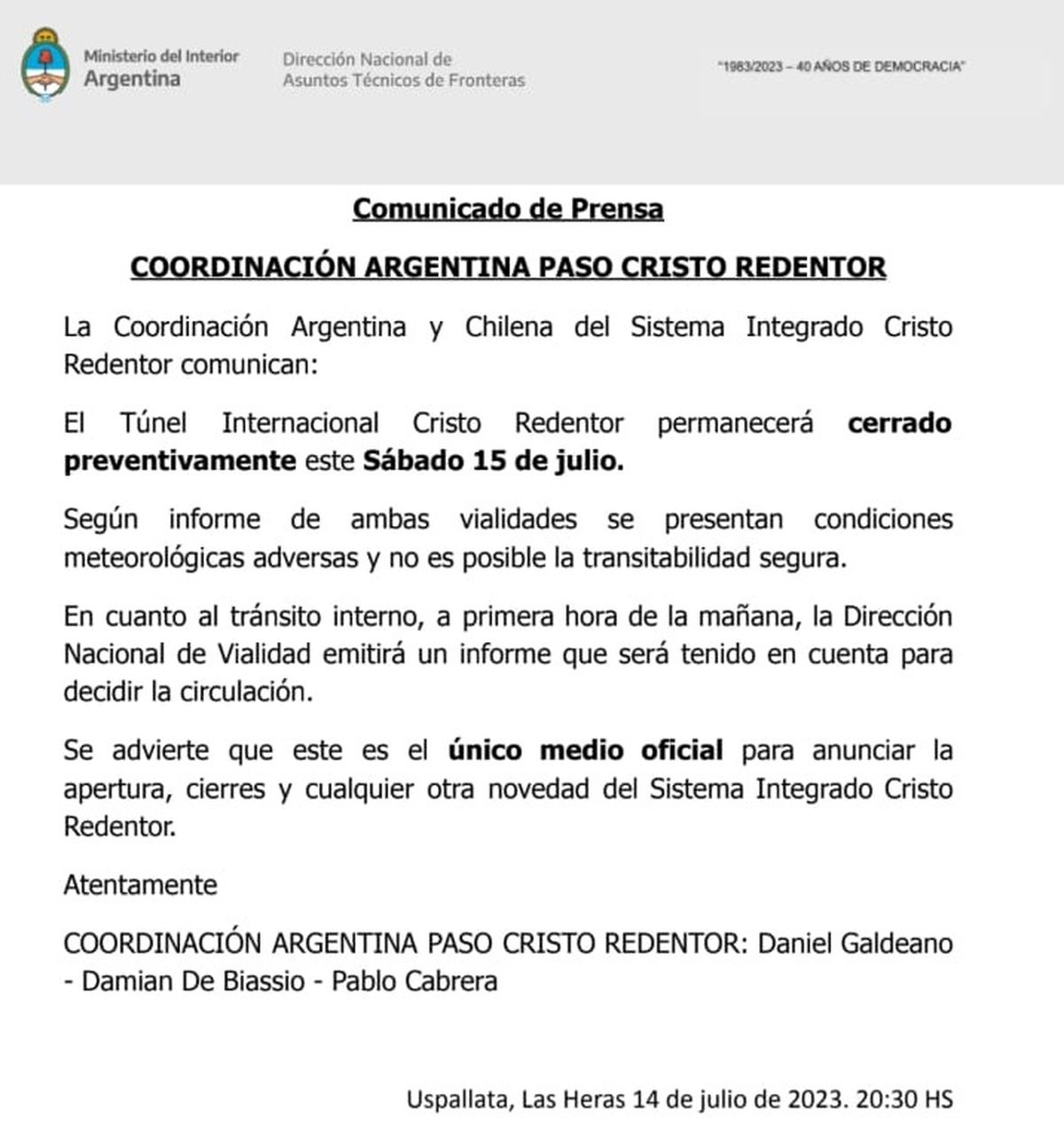 El comunicado de prensa que se conoció el viernes a las 20.30.