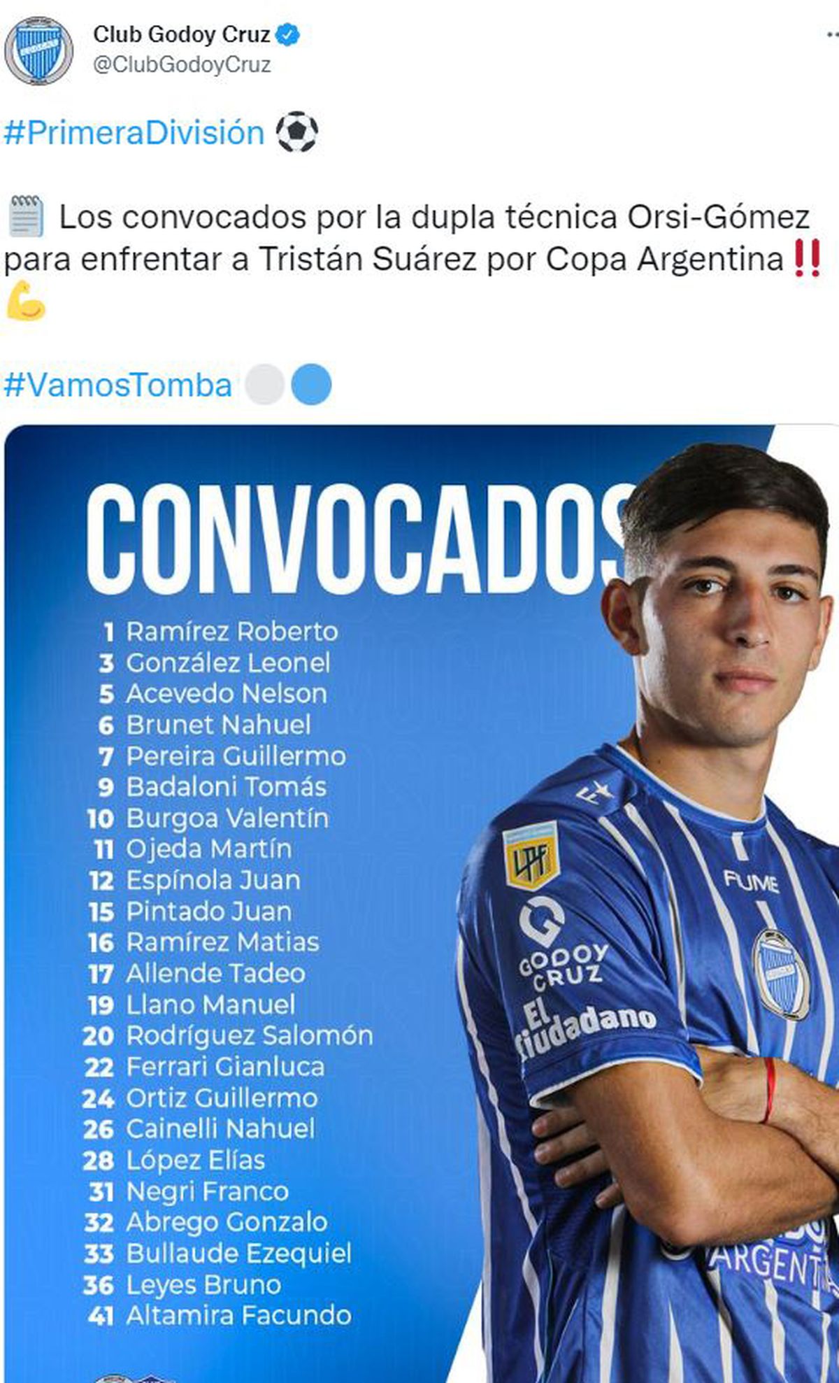 Los convocados de Godoy Cruz para jugar ante Tristán Suárez.