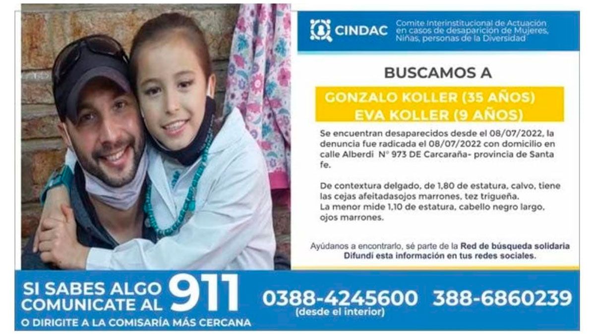 Gonzalo Koller tiene 35 años, y Eva Koller de 9 años, mide 1,10 metro, son buscados por la Justicia.