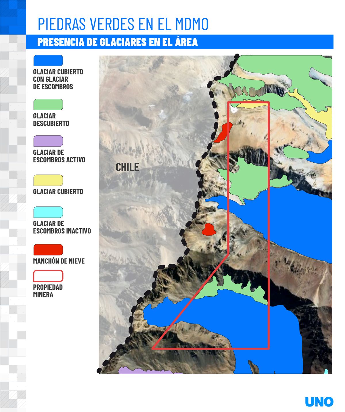 Así es el mapa que muestra la presencia de glaciares en el área del proyecto Piedras Verdes que fue rechazado por la Autoridad Minera.