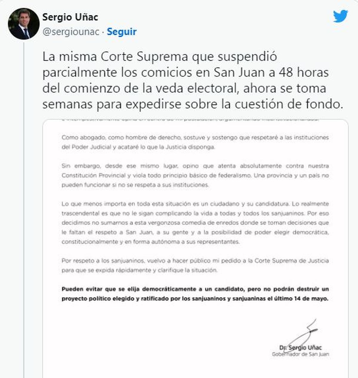 El tuit del gobernador de San Juan, Sergio Uñac.