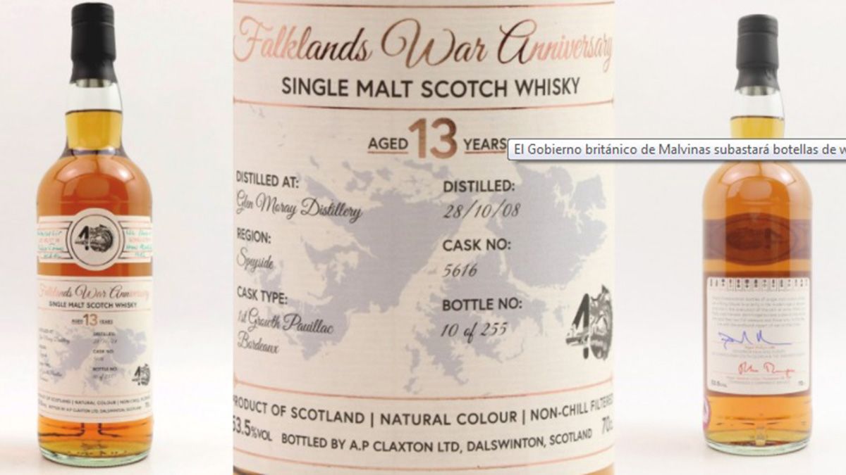 Las botellas de whisky escocés que serán subastadas por el Gobierno británico de las Islas Malvinas tienen un logo especialmente diseñado con motivo de los 40 años de la liberación
