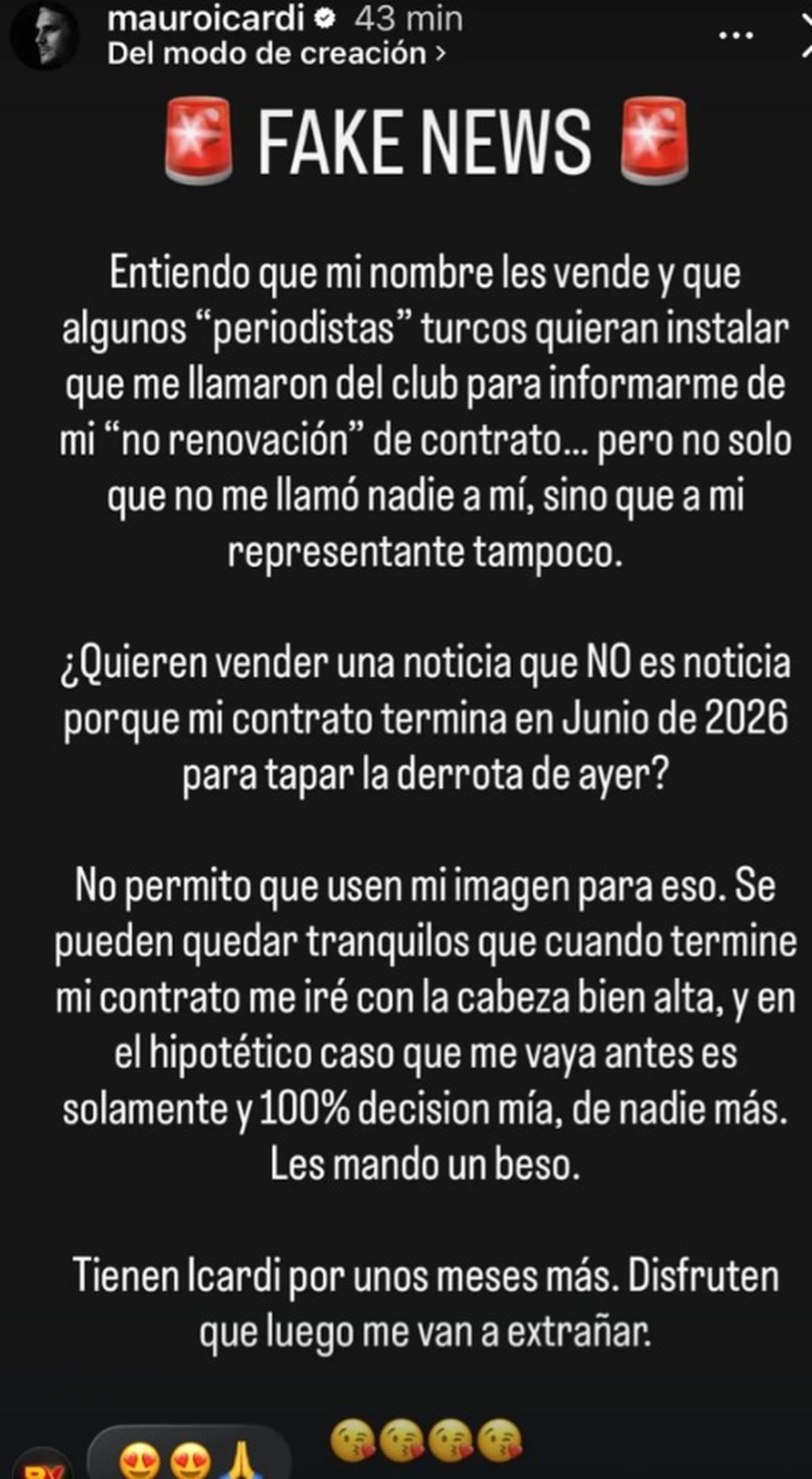 Las duras palabras de Mauro Icardi sobre su situación en Turquía.