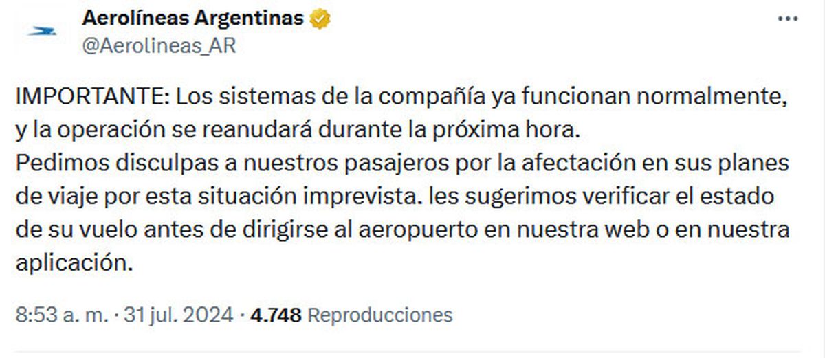 Comunicado de Aerolíneas Argentinas a través de la red social X. Comunicado de Aerolíneas Argentinas a través de la red social X.