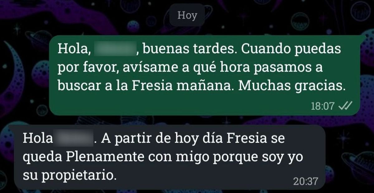 Uno de los mensajes que la mujer le atribuye a su expareja respecto al contacto con Fresia. Uno de los mensajes que la mujer le atribuye a su expareja respecto al contacto con Fresia.