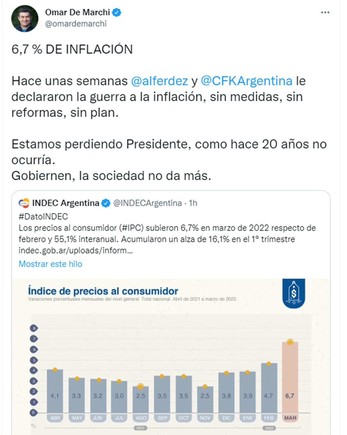 Omar de Marchi, referente del PRO, destacó que