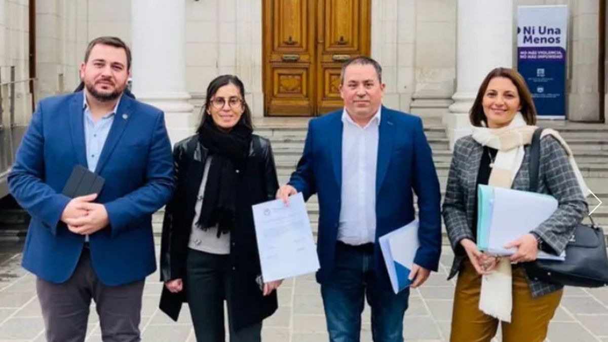 Los diputados Ghione, Sola, Julierac y Florito, en el ingreso a la Legislatura santafesina para presentar un proyecto contra el lenguaje inclusivo.