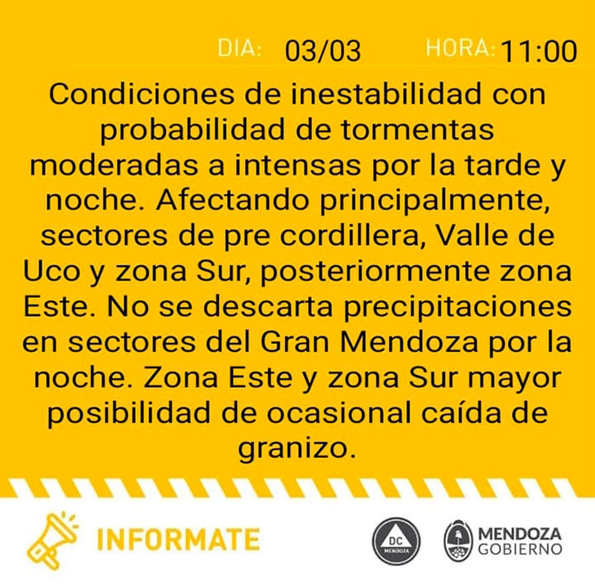 Defensa Civil emitió este viernes una nueva alerta amarilla para la provincia de Mendoza.