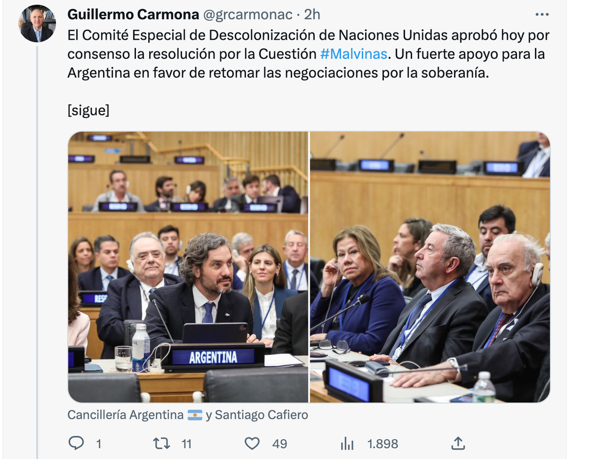 Guillermo Carmona, Secretary for Malvinas, Antarctica and the South Atlantic at the Argentine Ministry of Foreign Affairs, highlighted the UN's support.