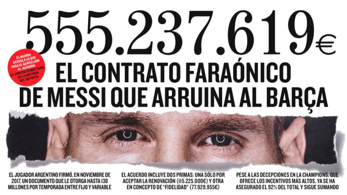 La tapa del diario El Mundo de España donde revelan la cifra del contrato de Lionel Messi.