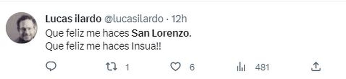 Tuit de Ilardo luego de la victoria de San Lorenzo ante Atlético Tucumán el sábado a la noche.