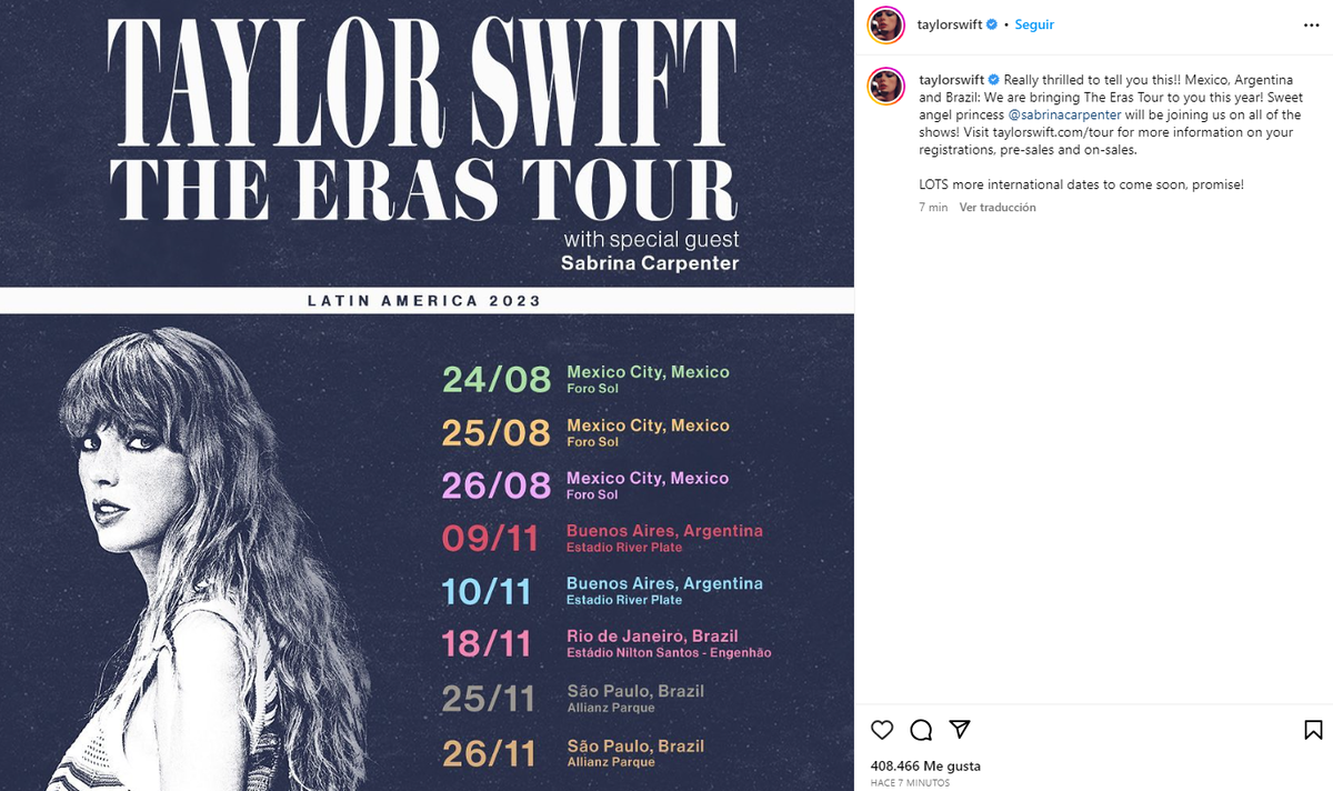 Taylor Swift confirmó su presencia en Argentina cuándo viene y dónde