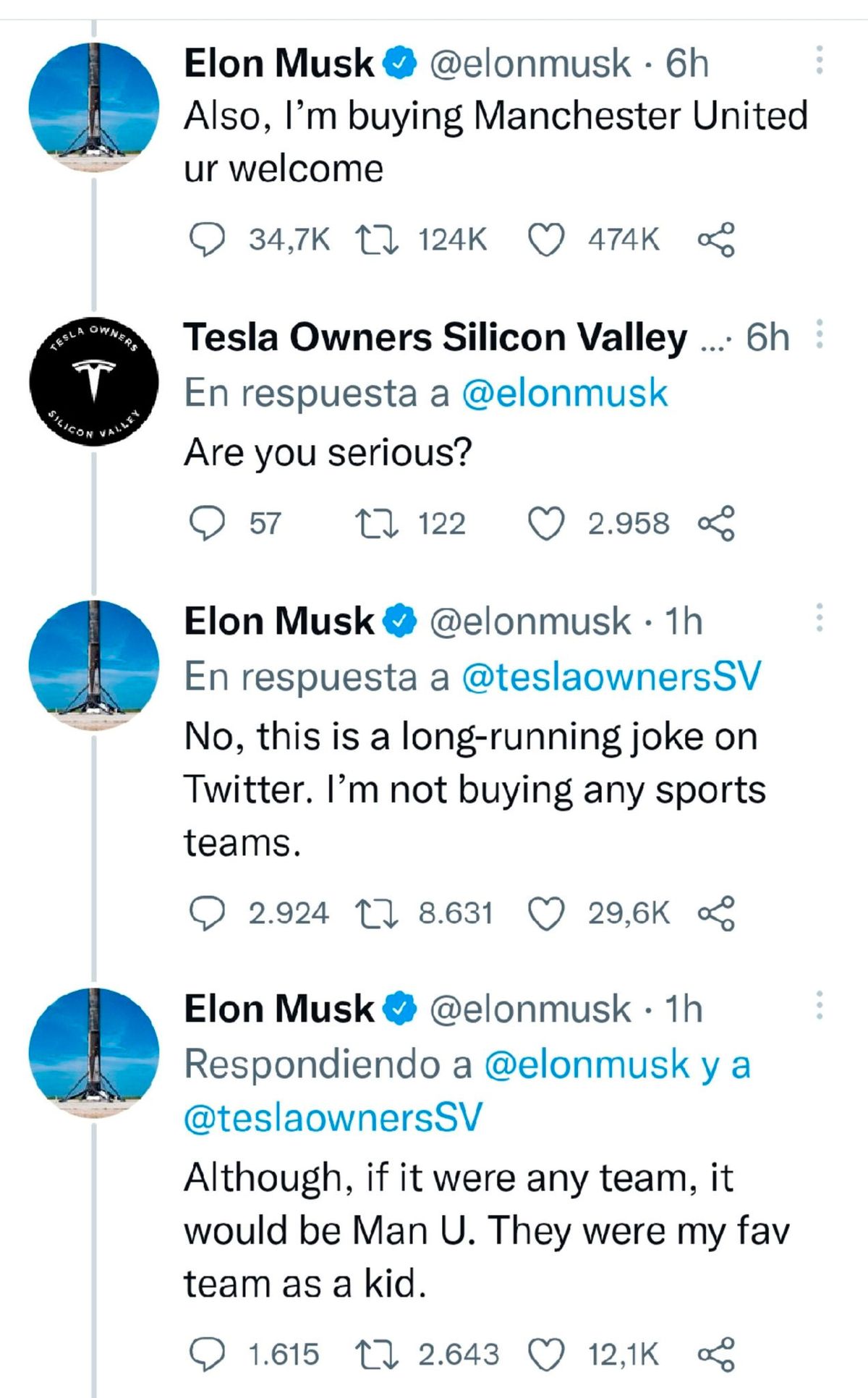 Posteriormente, Musk le contestó a otro usuario de Twitter que no iba a comprar al club del Norte de Inglaterra.
