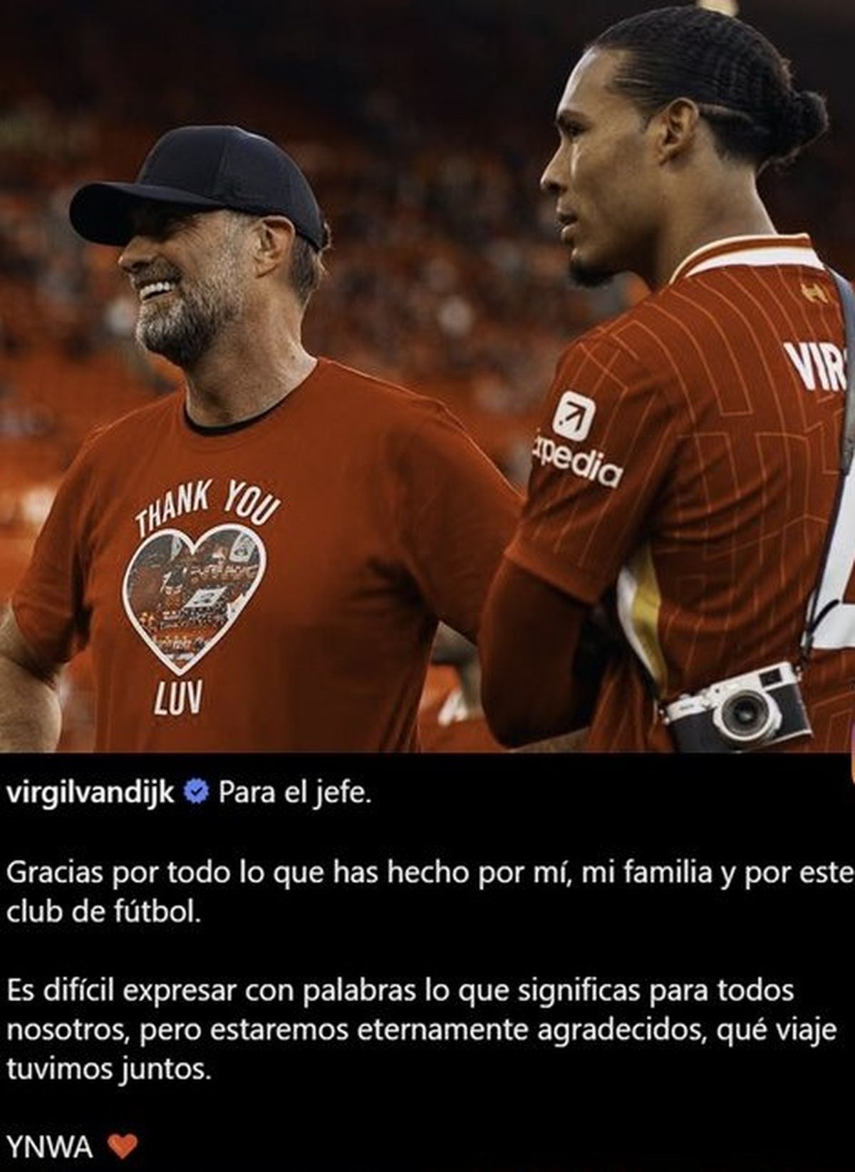 El mensaje de Virgil van Dijk para Klopp. El mensaje de Virgil van Dijk para Klopp.
