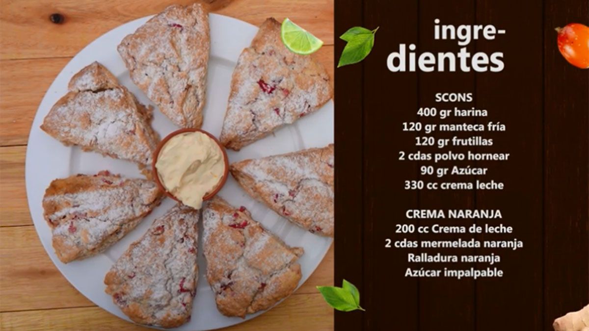 Receta para hacer scons de frutilla con crema de naranja