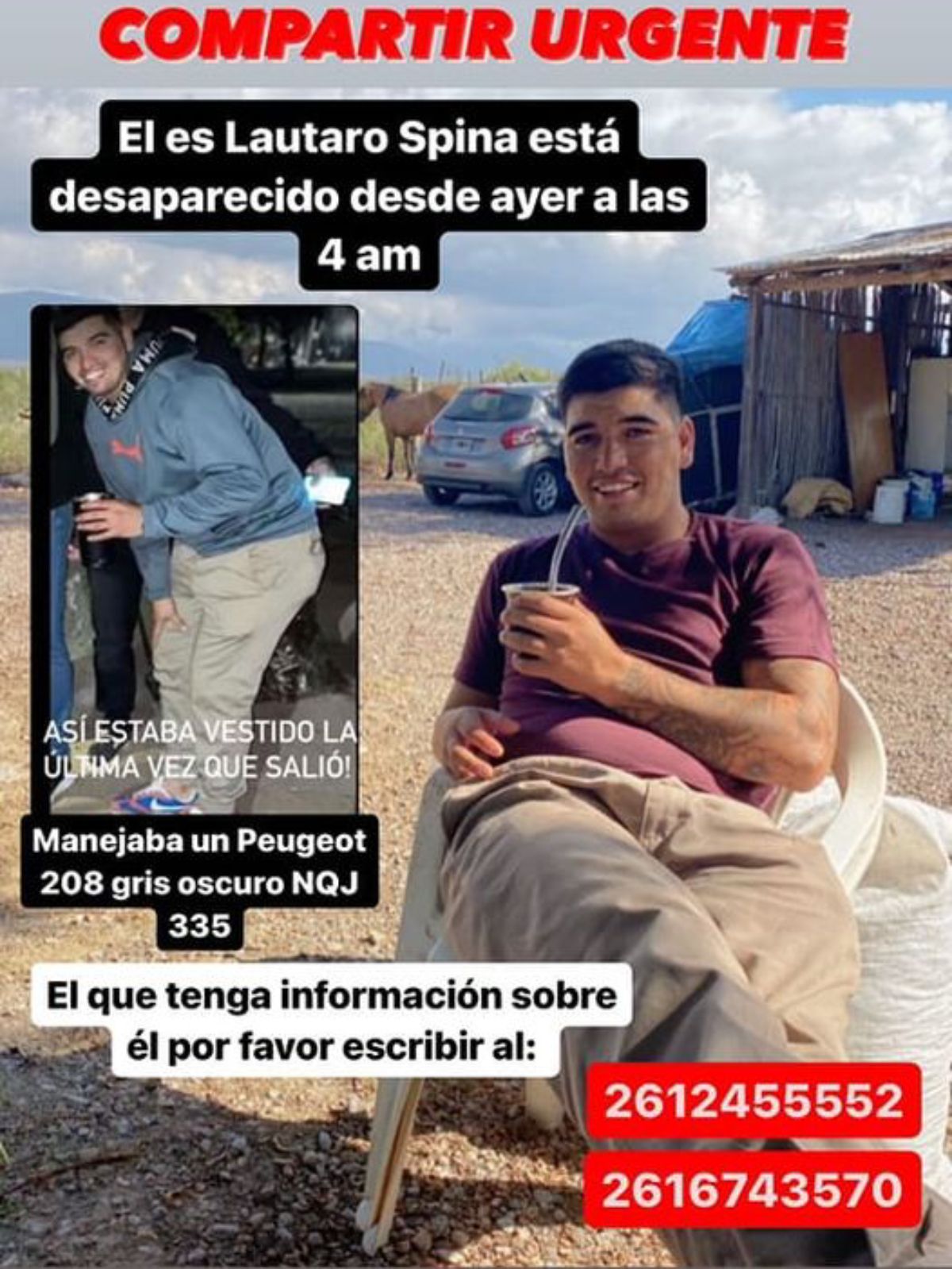 Esta es una de las publicaciones de los familiares y amigo de Lautaro Spina, buscado desde la madrugada del sábado.