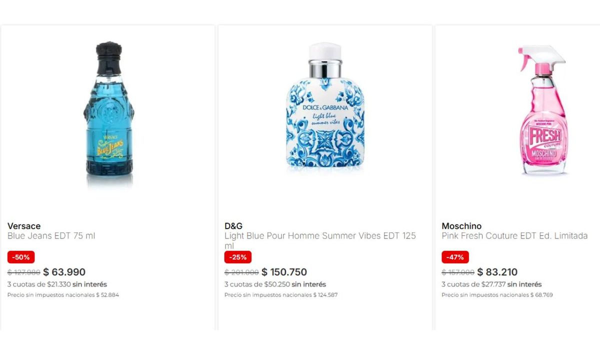 Algunos perfumes con descuento. Imagen: captura de pantalla de la tienda online Rouge. Algunos perfumes con descuento. Imagen: captura de pantalla de la tienda online Rouge.
