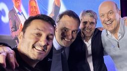 Luis Petri, Manuel Adorni, Luis Caputo y Federico Sturzenegger festejando el triunfo de La Libertad Avanza en las elecciones porteñas..