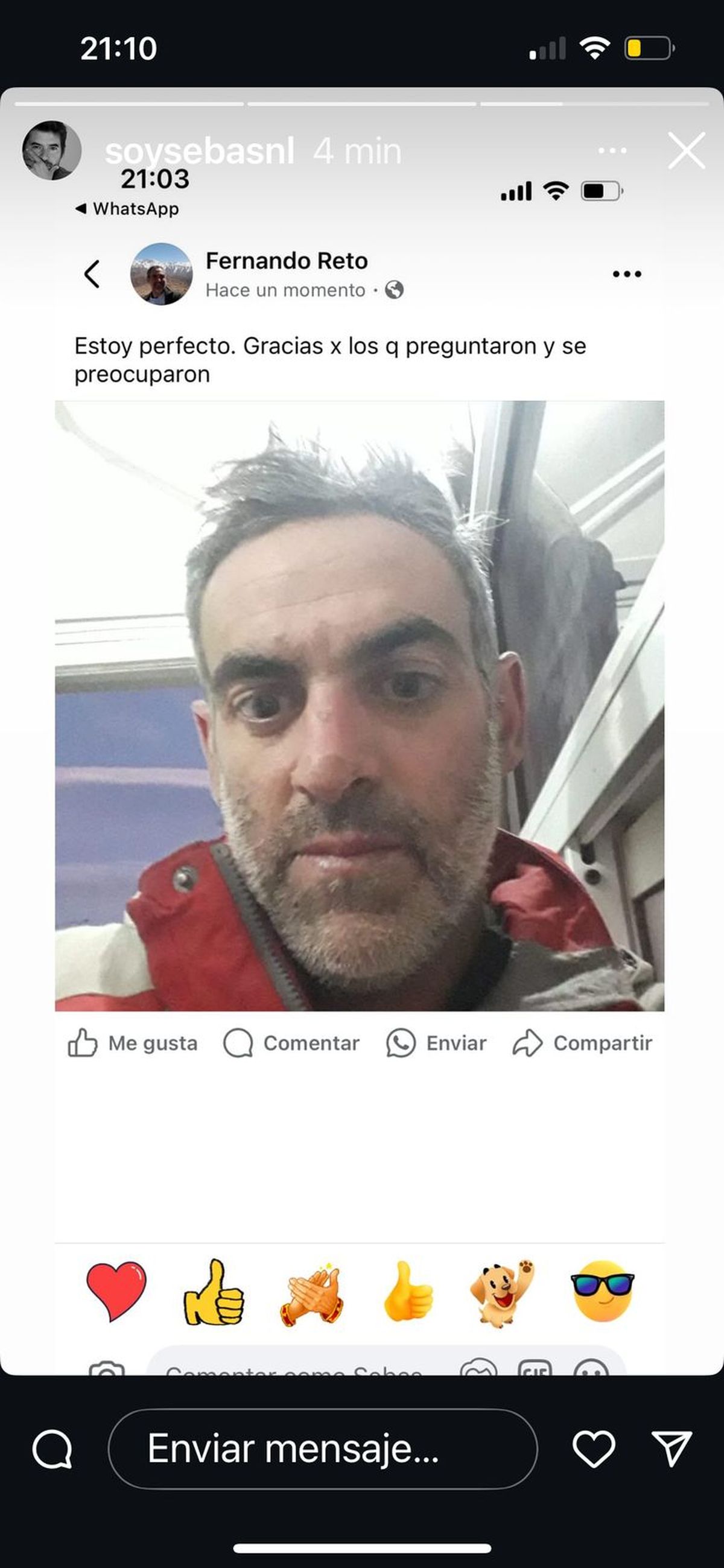 A las 21.10 se conoció la noticia de la aparición con vida del andinista. Aquí, el posteo de un amigo en IG. A las 21.10 se conoció la noticia de la aparición con vida del andinista. Aquí, el posteo de un amigo en IG.