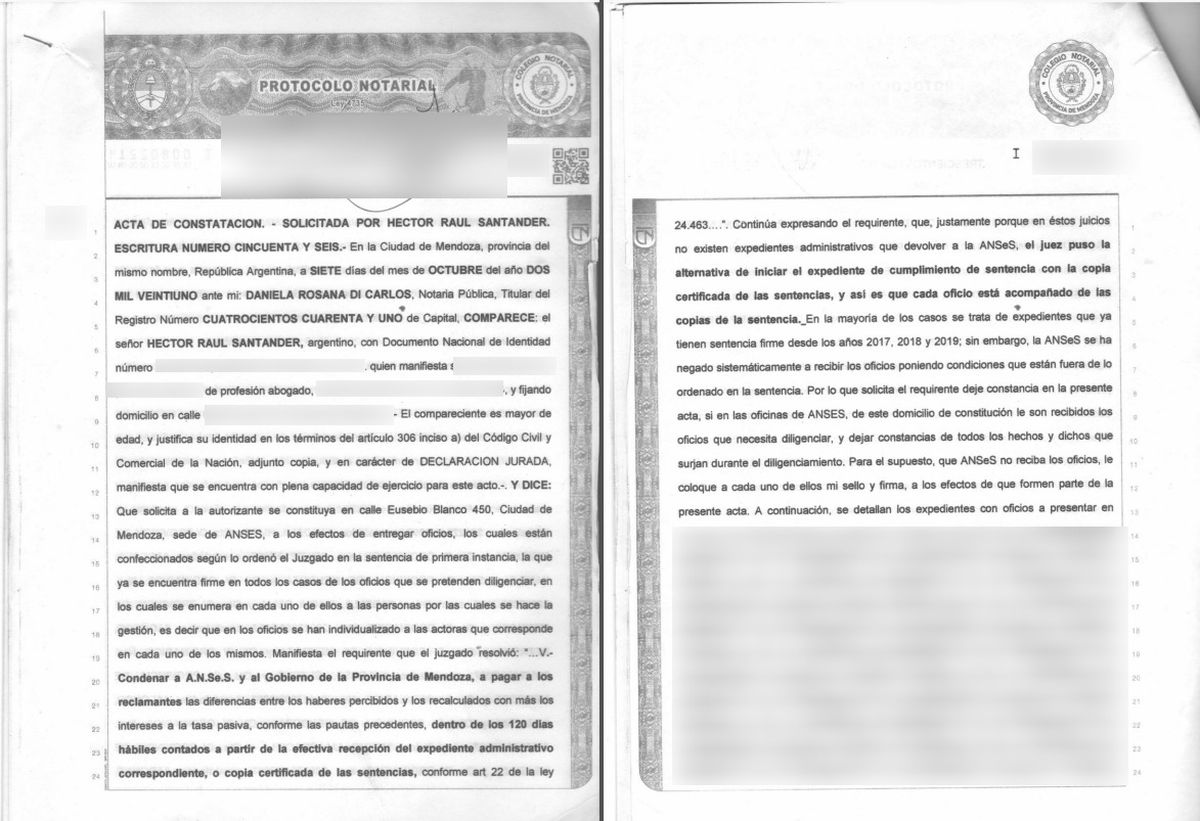 El acta notarial que hizo firmar Santander. Dice que lo hizo para que quede registrado que en ANSES no le reciben los oficios.