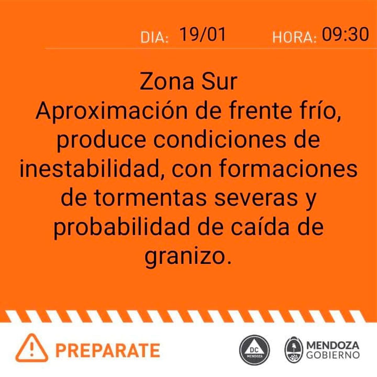 Para la zona Sur de Mendoza, Defensa Civil emitió una alerta naranja con ingreso de frente frío.