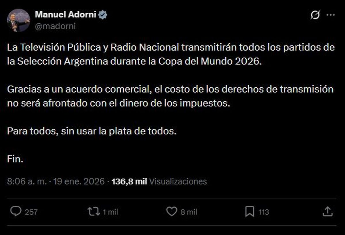 La confirmaci&oacute;n en X del jefe de Gabinete, Manuel Adorni, en relaci&oacute;n a los partidos de Argentina en el Mundial 2026.&nbsp;