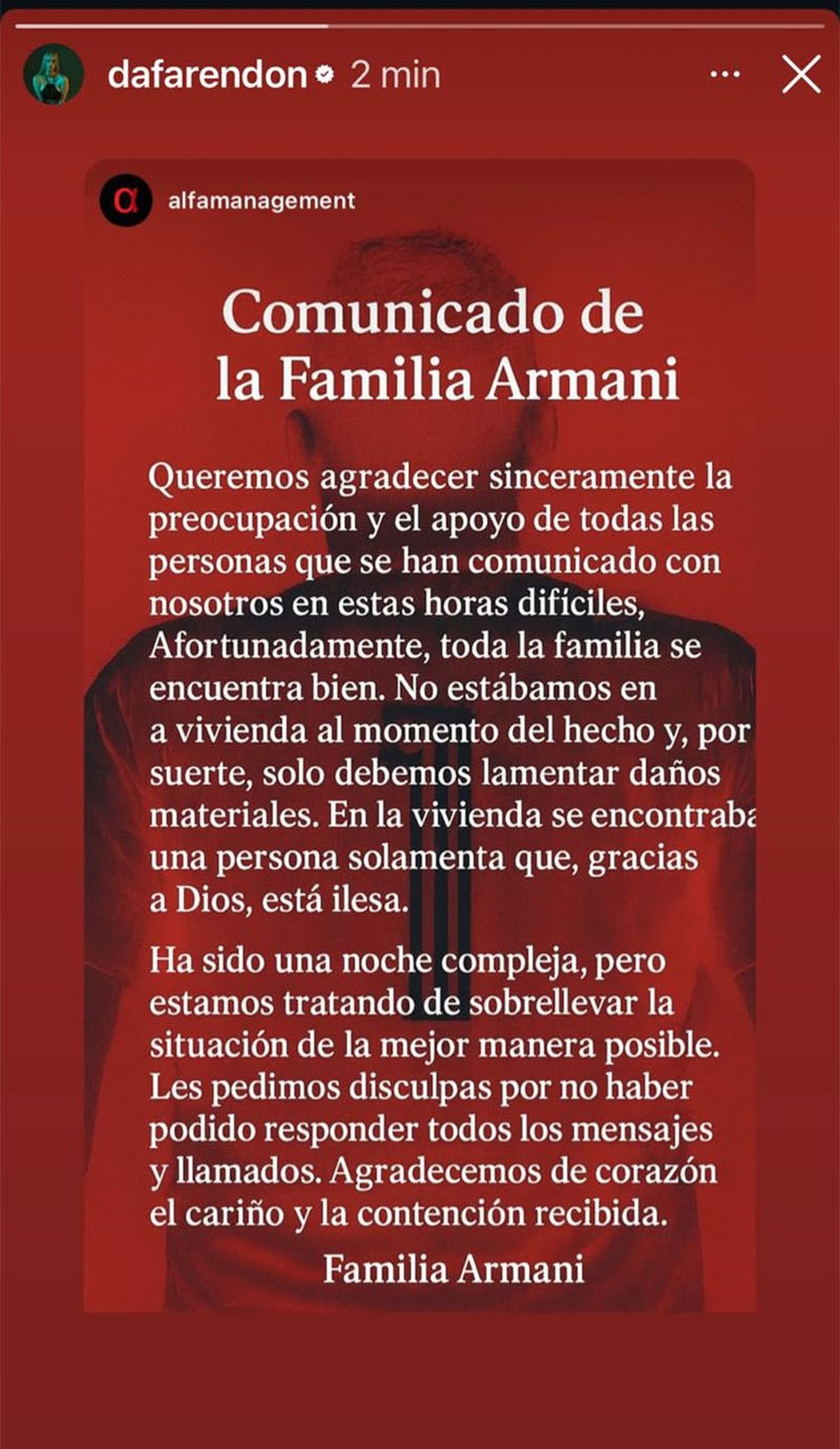 Este es el comunicado de la familia de Franco Armani.