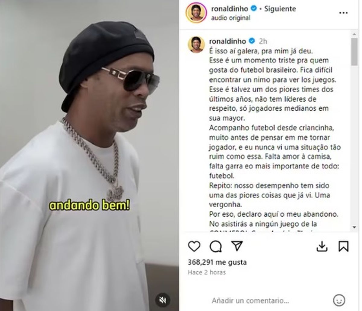 El posteo de Ronaldinho en sus redes sociales. El posteo de Ronaldinho en sus redes sociales.