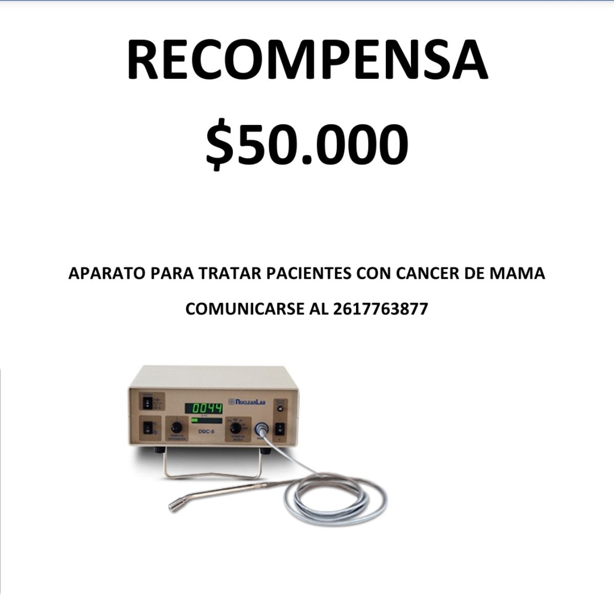 Esta es la publicación subida por las víctimas del robo del complejo aparato que sirve para detectar cáncer de mamas.
