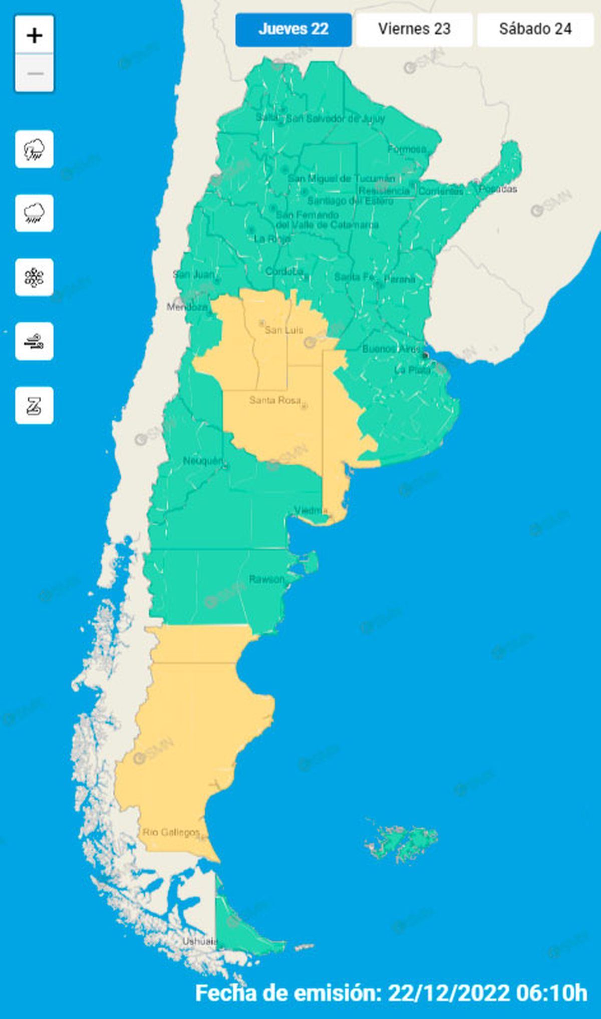 El Servicio Meteorológico Nacional (SMN) emitió también una alerta amarilla para una parte de Mendoza.