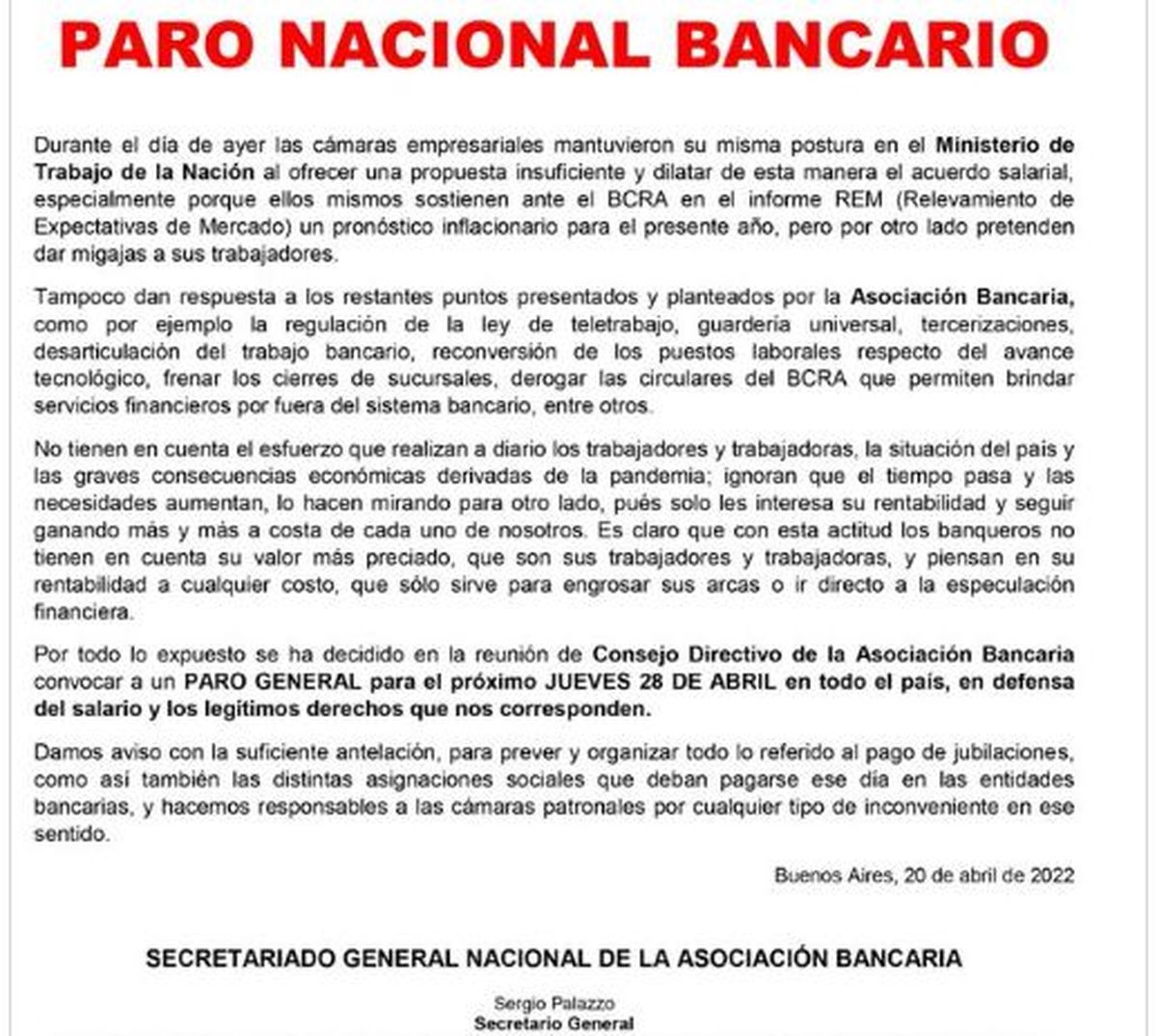 El comunicado de la Asociación Bancaria.