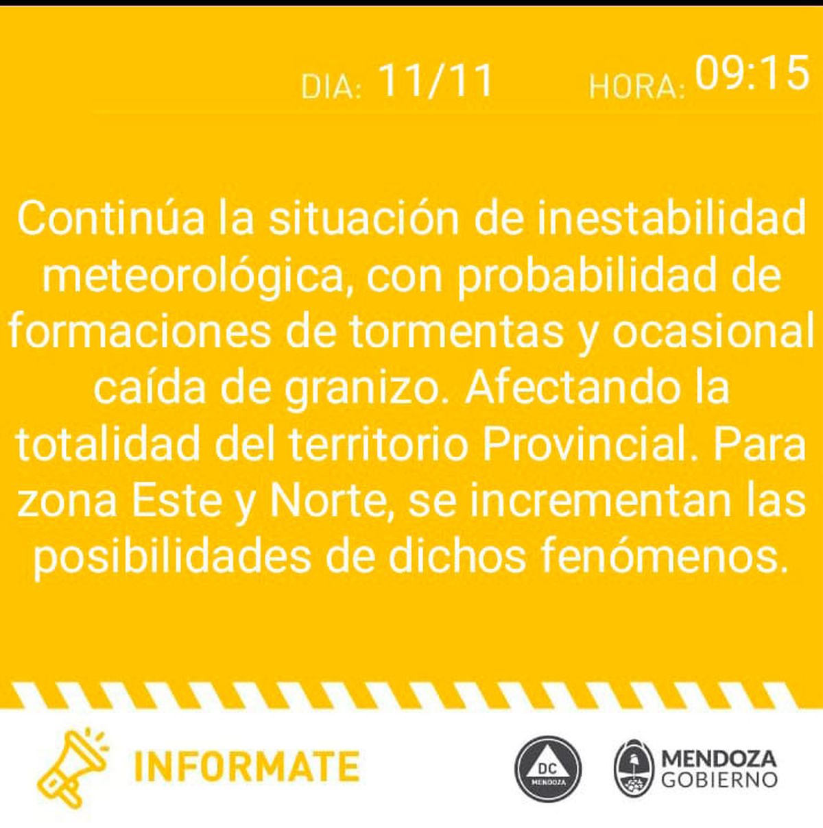Defensa Civil emitió una alerta amarilla para gran parte de Mendoza.