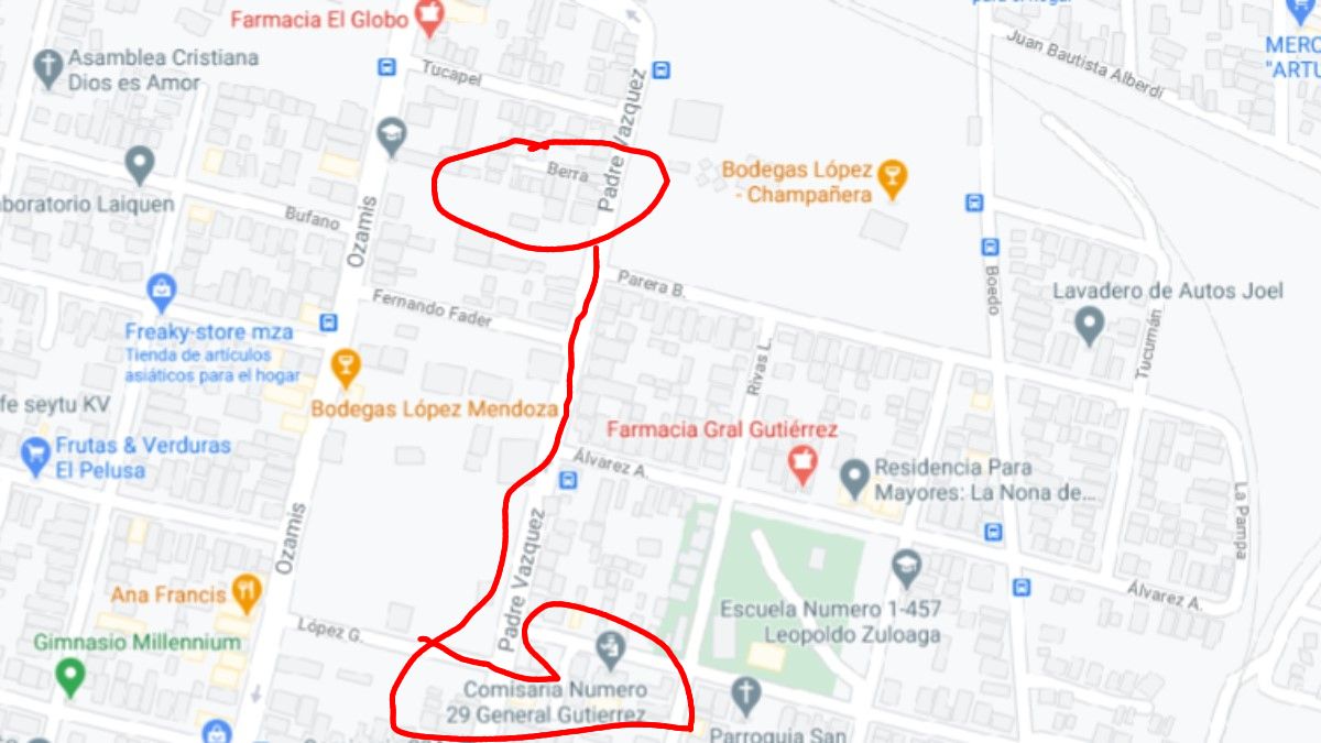 Itinerario desde la Comisaría 29° hasta el lugar del crimen, apenas dos cuadras y media, que le podrían haber tomado menos de cinco minutos de caminata a algún uniformado para presentarse en el callejón Berra a investigar lo denunciado al 911 por un vecino de Arancibia.