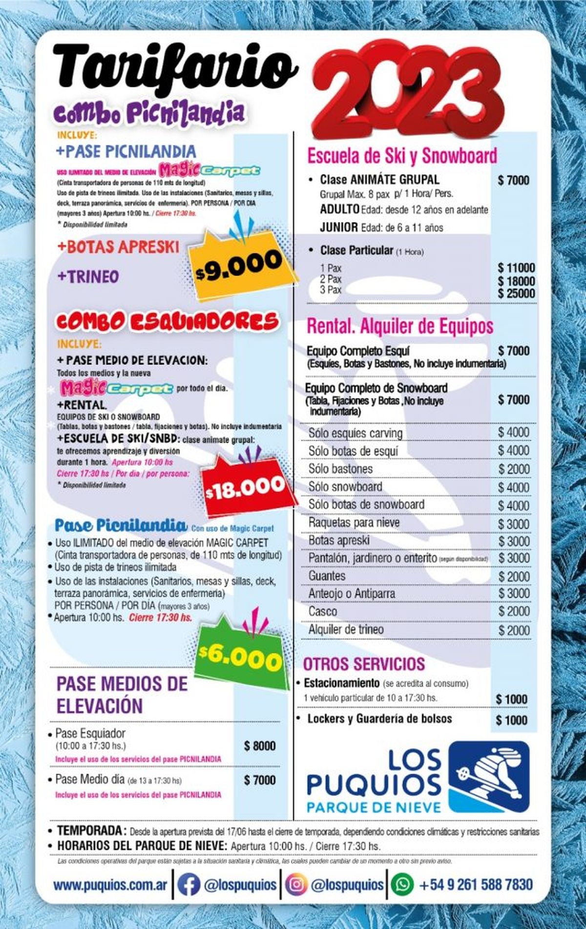 Precios de actividades y equipos en Los Puquios. Precios de actividades y equipos en Los Puquios.