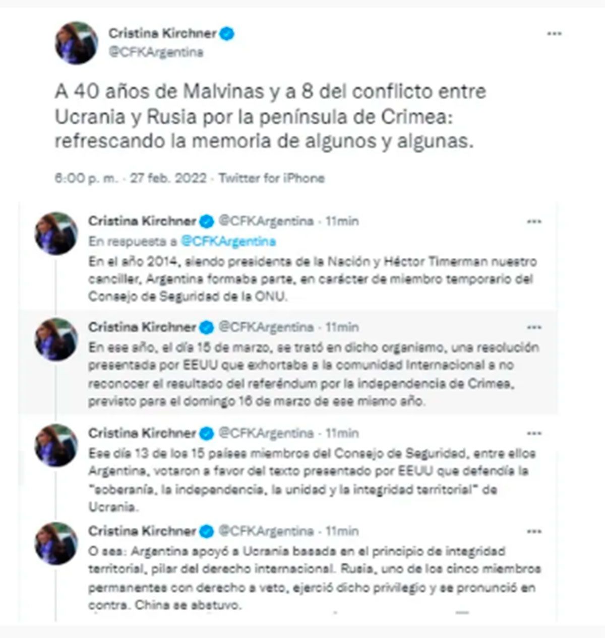 Cristina reapareció en Twitter y se refirió a la guerra entre Rusia y Ucrania.