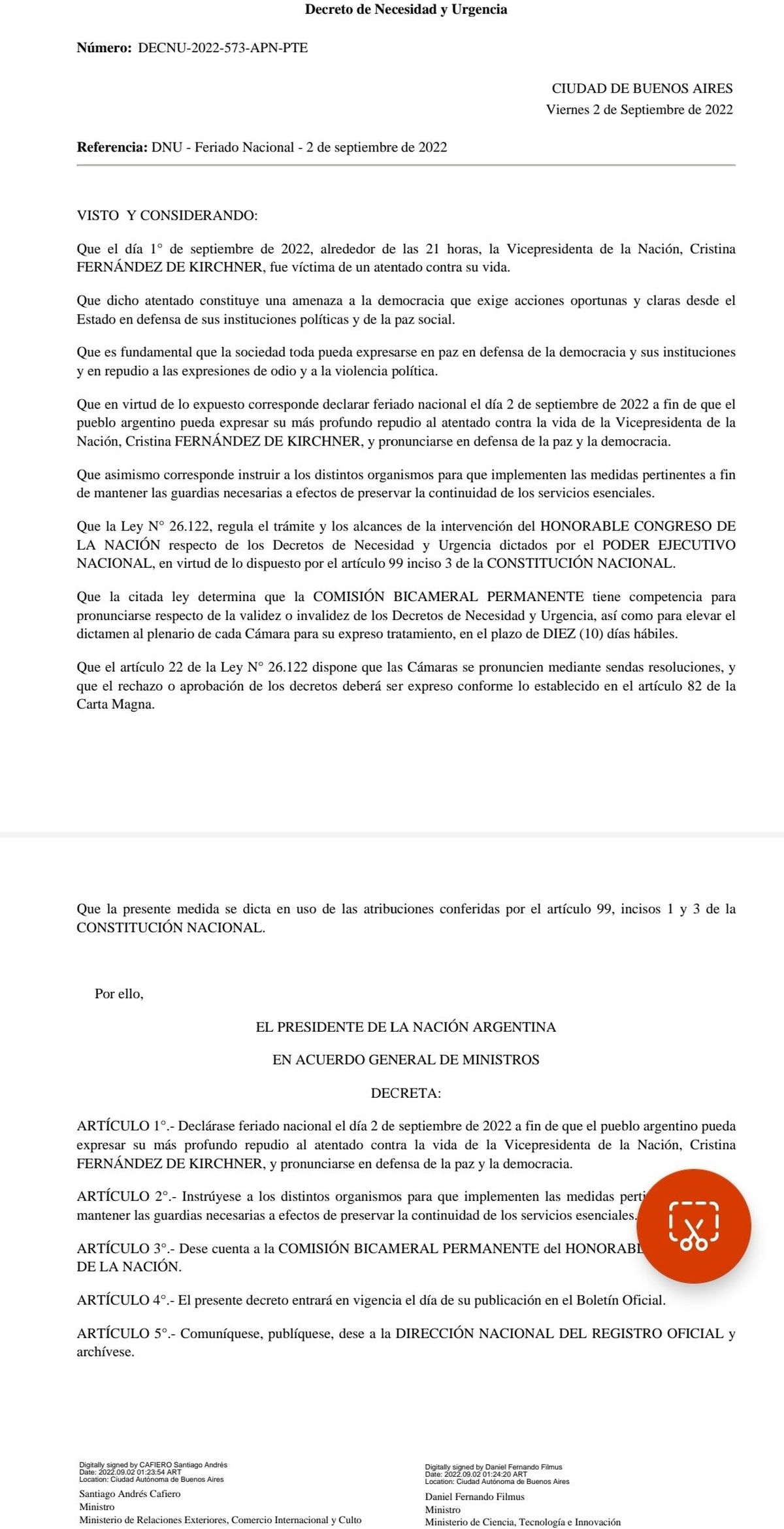 El DNU que decretó feriado nacional por el atentado a Cristina Kirchner.