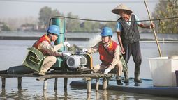 Los trabajadores de la energía eléctrica inspeccionan equipos de suministro de oxígeno en un estanque de cangrejos en Huai’an, provincia de Jiangsu, en noviembre pasado. ZHAO QIRUI / PARA CHINA DAILY