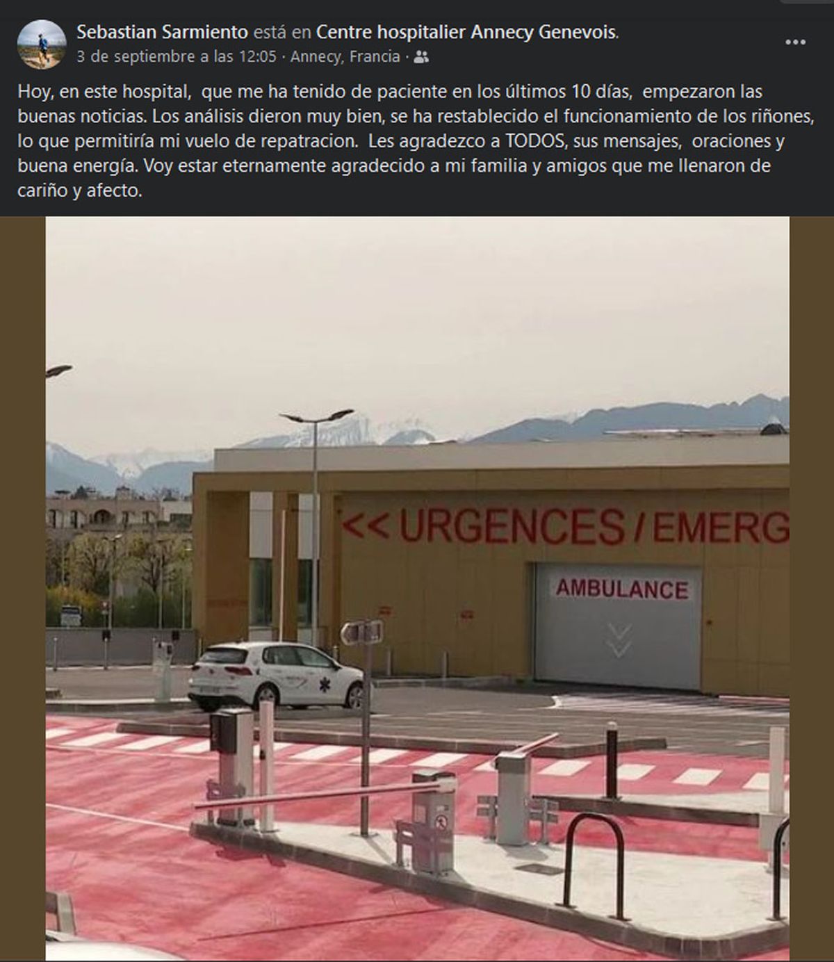 Los médicos de Francia que atendieron al juez mendocino Sebastián Sarmiento le informaron que ya estaba en condiciones de salud para ser repatriado a Argentina.